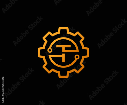Letter T Gear technology vector logo template. This logo is suitable for factory, industrial, technology, website, digital, mechanic, wheel.