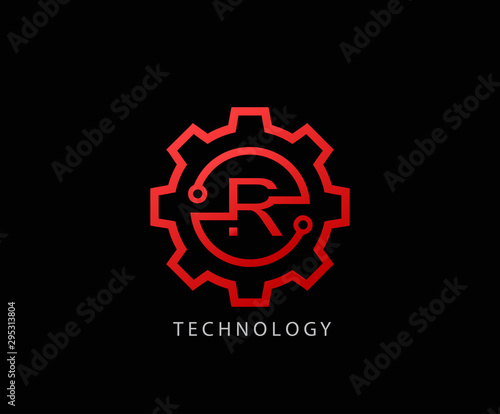 Letter R Gear technology vector logo template. This logo is suitable for factory, industrial, technology, website, digital, mechanic, wheel.