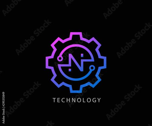 Letter N Gear technology vector logo template. This logo is suitable for factory, industrial, technology, website, digital, mechanic, wheel.