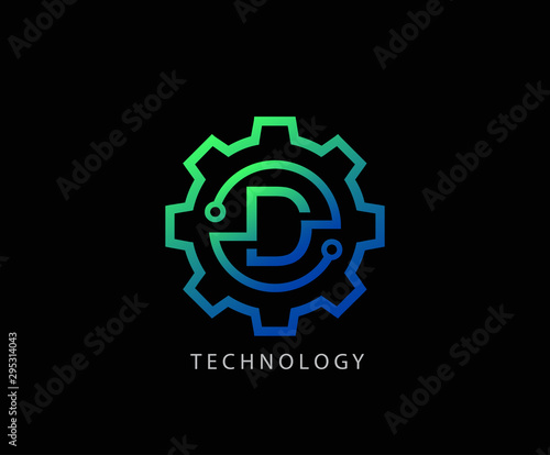 Letter D Gear technology vector logo template. This logo is suitable for factory, industrial, technology, website, digital, mechanic, wheel.