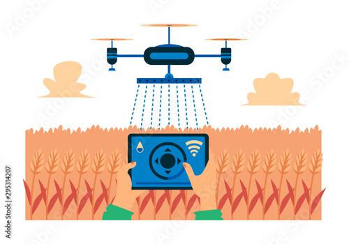 Survey drone sprays chemicals, smart farming flat cartoon vector illustration.