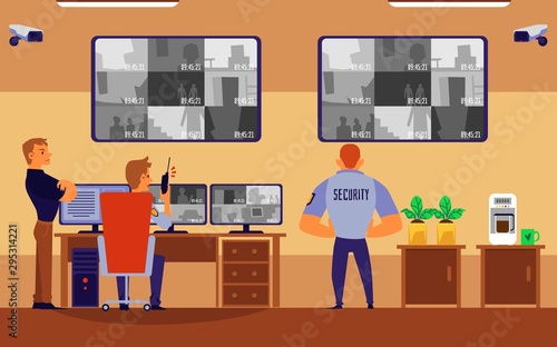 Guard people in uniform working in security room looking at computer monitor