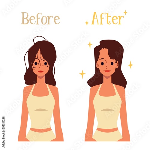 Before and after hair morning routine, cartoon woman with bad and good hairstyle