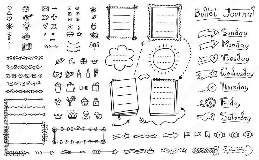 Bullet journal doodle set - hand drawn divider, icon, border decoration  Stock Vector | Adobe Stock