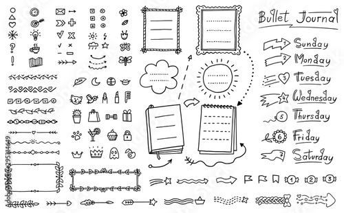 Bullet journal doodle set - hand drawn divider, icon, border decoration