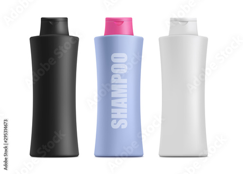 Set of black, white and colorful shampoo or liquid soap plastic bottles mockups 3d realistic vector illustration isolated on white background. Cosmetic blank packaging.