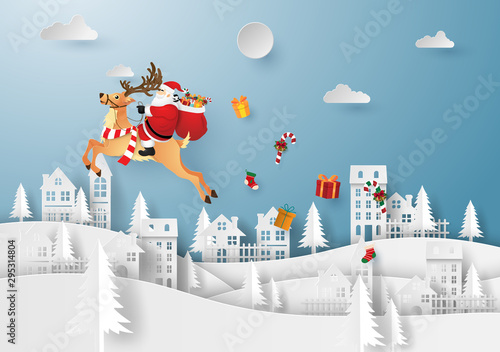 Origami paper art of Santa Claus and reindeer in the village, Merry Christmas and Happy New Year