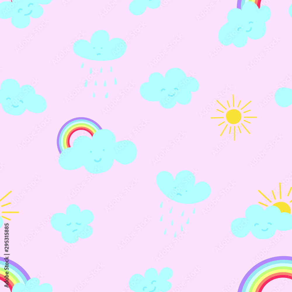 Cute seamless pattern with drawn clouds and rainbow. Scandinavian style design. Vector background image for textile, scrapbook, fabric, gift wrapping paper. Kids illustration. Cute seamless pattern with drawn clouds and rainbow. Scandinavian style design. Vector background image for textile, scrapbook, fabric, gift wrapping paper. Kids illustration.