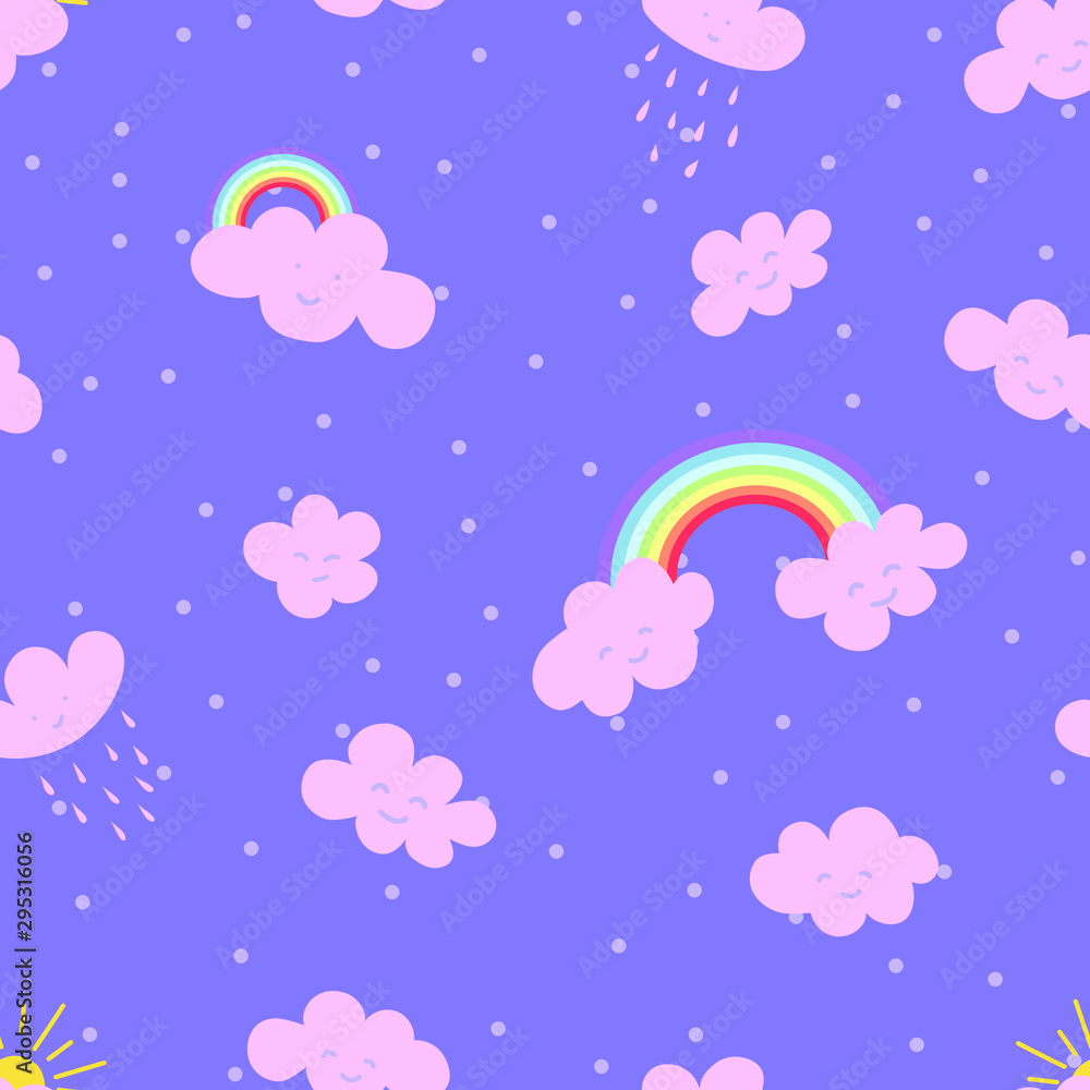 Cute seamless pattern with drawn clouds and rainbow. Scandinavian style design. Vector background image for textile, scrapbook, fabric, gift wrapping paper. Kids illustration. Cute seamless pattern with drawn clouds and rainbow. Scandinavian style design. Vector background image for textile, scrapbook, fabric, gift wrapping paper. Kids illustration.