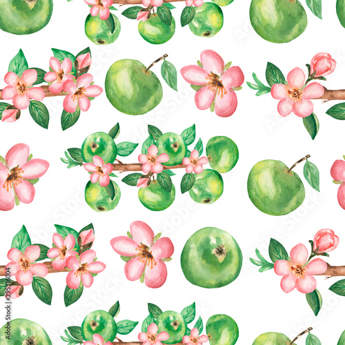 Fototapeta Naklejka Na Ścianę i Meble -  Watercolor hand drawn seamless pattern with branch of  apple flowers, leaves and green apples. beauttiful modern background with splashes.