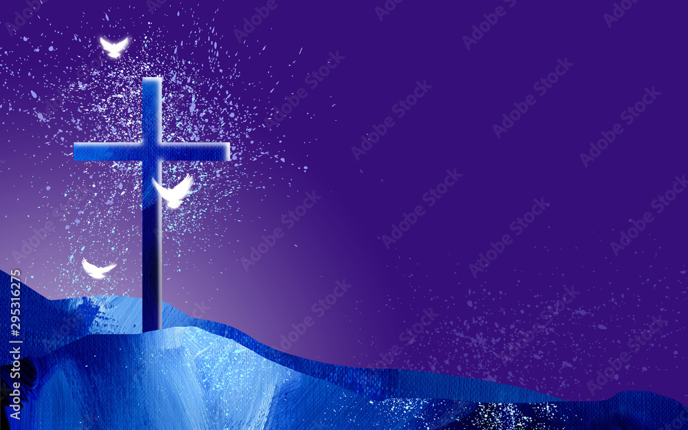 Graphic Christian Cross and spiritual doves against purple sky