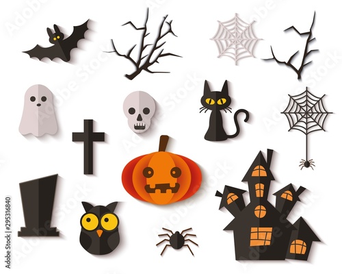 Set of paper cut Halloween icons, black cat and spider with web.