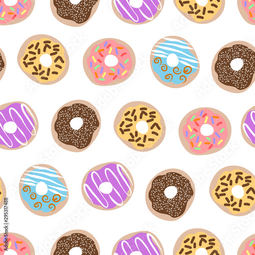 Vector seamless pattern of different donuts on white background