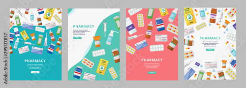 Online pharmacy ad poster set with colorful pill bottles, boxes and syringes