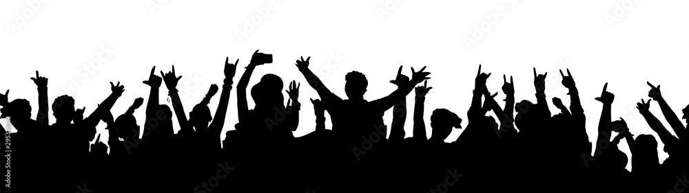 Black music fan crowd silhouette - cartoon people cheering at rock concert