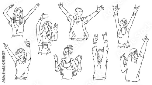 Cartoon people at concert or dance party - black and white crowd set