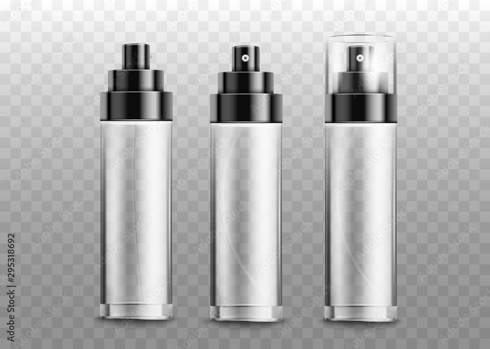 Empty glass perfume spray bottle mockup set - from front and back view Empty glass perfume spray bottle mockup set - from front and back view