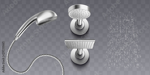 Chrome shower with water drops stream 3d vector illustrations set isolated.