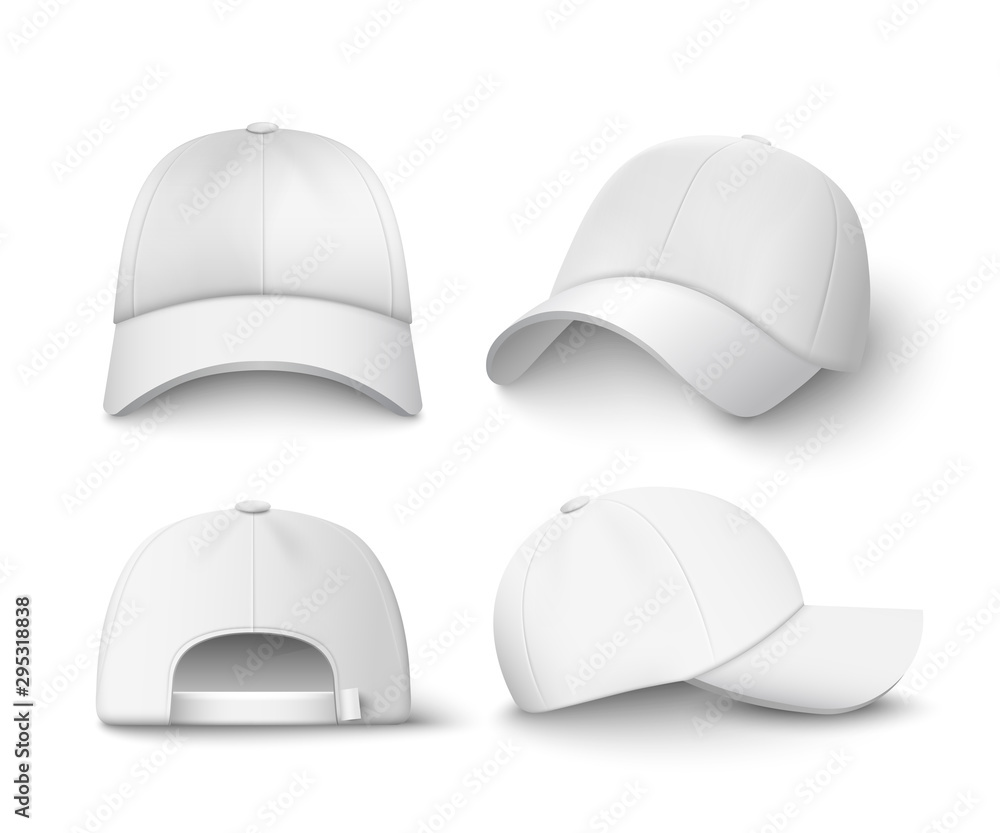 White baseball cap mockup set from front, side and back view i vector