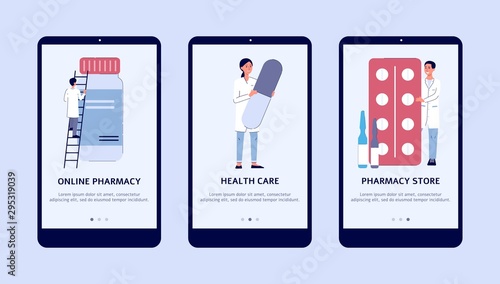 Online pharmacy app on phone screen - flat isolated set.