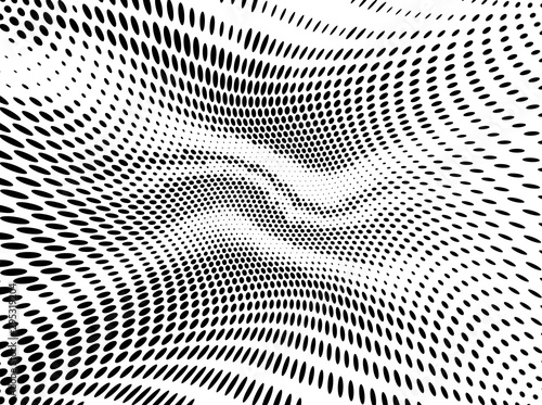 Wavy dotted pattern on light background. Vintage print. Futuristic panel. Vector graphic print. Dotted geometric pattern. Stylish pattern with black wavy dotted pattern on halftone white background.