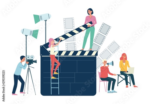 Movie production crew with professional equipment - isolated flat banner