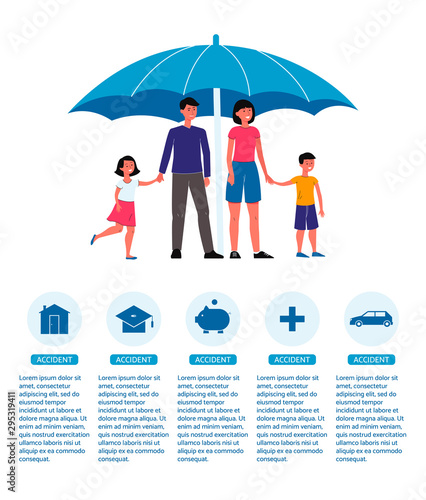Family insurance poster - cartoon people with children standing under umbrella.