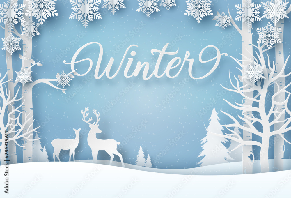 Origami paper art of Reindeer in forest with snowflakes, Merry Christmas and Happy New Year Origami paper art of Reindeer in forest with snowflakes, Merry Christmas and Happy New Year
