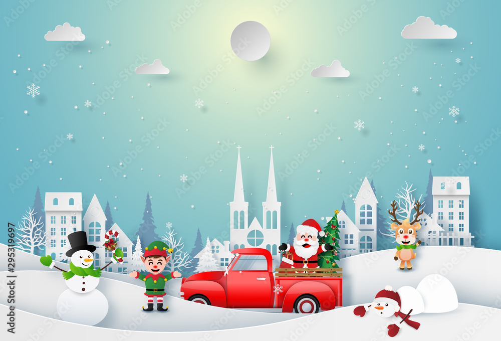 Fototapeta Origami paper art of Santa Claus and Christmas character celebrate in town, Merry Christmas and Happy New Year