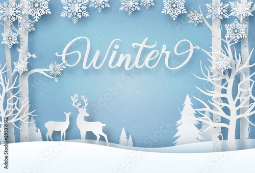 Origami paper art of Reindeer in forest with snowflakes, Merry Christmas and Happy New Year