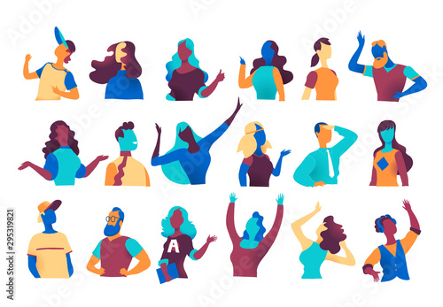 Collection of vector male and female characters in different poses expressing various emotions for character animation. Company men women avatars isolated on white background. Vector illustration