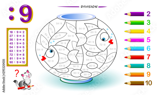 Division by number 9. Math exercises for kids. Paint the picture. Educational page for mathematics book. Printable worksheet for children textbook. Back to school. IQ training test. Vector image.