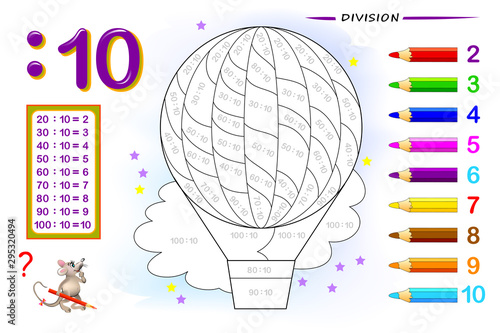 Division by number 10. Math exercises for kids. Paint the picture. Educational page for mathematics book. Printable worksheet for children textbook. Back to school. IQ training test. Vector image.