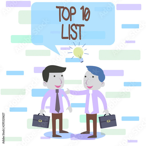 Writing note showing Top 10 List. Business concept for the ten most important or successful items in a particular list Two White Businessmen Colleagues with Brief Cases Sharing Idea Solution