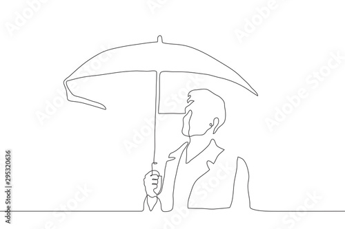 One continuous line art. A man holds an open umbrella above himself, he looks up from under him. Silhouette of a modern attractive man in a coat. It can be used for animation. Vector