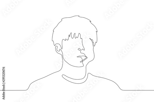 one continuous line drawing silhouette of a young man with a lollipop in his mouth. Portrait on the shoulders of a handsome man with a swollen cheek and a stick out of his mouth. For animation. Vector