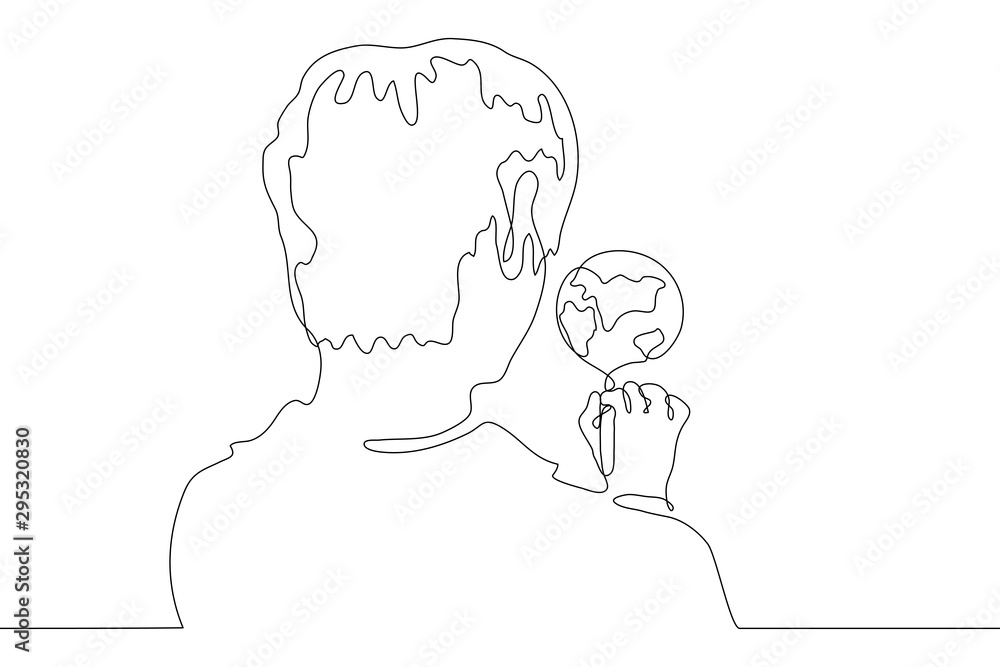 continuous line drawing man draws the earth. Portrait of a young man standing with his back to the viewer. Over the shoulder we see a drawing of the planet earth. It can be used for animation. Vector