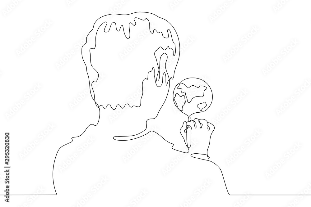 continuous line drawing man draws the earth. Portrait of a young man standing with his back to the viewer. Over the shoulder we see a drawing of the planet earth. It can be used for animation. Vector continuous line drawing man draws the earth. Portrait of a young man standing with his back to the viewer. Over the shoulder we see a drawing of the planet earth. It can be used for animation. Vector