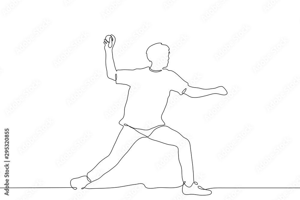 Continuous line art young man throws a ball. The athlete swung to hit the ball. Full height