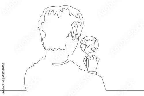continuous line drawing man draws the earth. Portrait of a young man standing with his back to the viewer. Over the shoulder we see a drawing of the planet earth. It can be used for animation. Vector