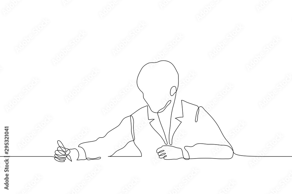 Continuous line art figure of a man in a jacket sitting at a table who is