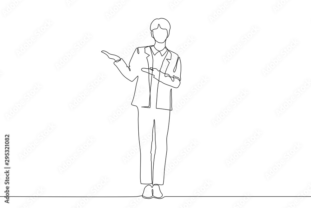 Continuous line art a young man in a suit points with two hands to an invisible object on the top right in front of him. It can be used for animation. Vector