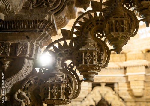 Stone carvings decorations inside the jain temple, Rajasthan, Jaisalmer, India photo