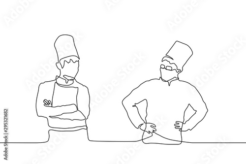continuous line art drawing silhouette of two male chefs in caps standing and looking opposite each other.The concept of versus, the rivalry of different folk cuisines,the confrontation of two masters