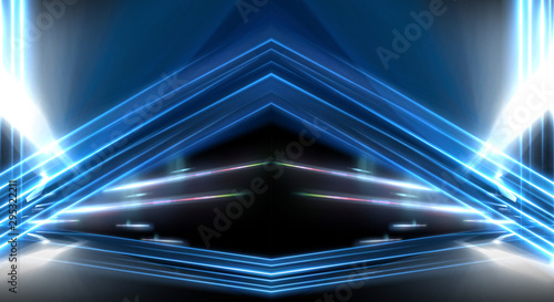 Abstract light tunnel, blue background, stage, portal with rays, neon lights and spotlights. Dark empty scene with neon. Symmetric reflection, perspective. 3D rendering.