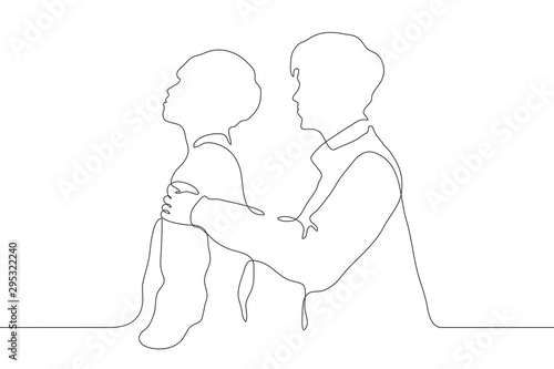 The continuous line of art is two men, one of whom holds the shoulders of the other, who is turned with his back to him. The concept of support, break in the relationship. It can be used for animation