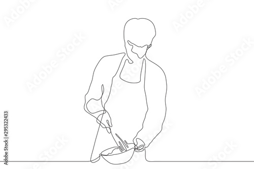 One continuous line art.The cook holds a mixing bowl and a whisk. A young man in an apron with a whisk, with his other hand holds a plate. Can be used for animation. Vector