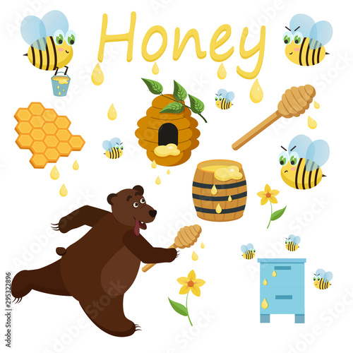 Set of elements - honey, bear, bees, beehive. Vector graphics.