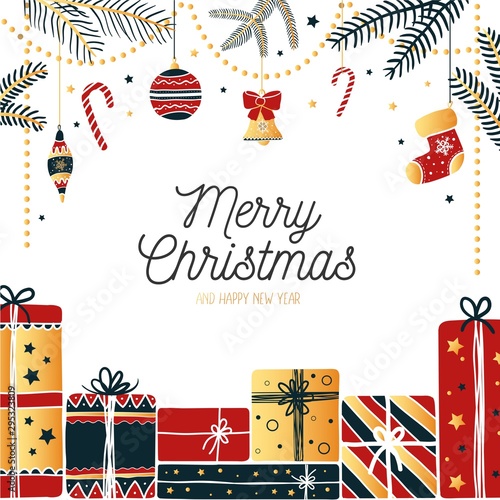 Joyful greeting card merry christmas joyful festive design vector illustration drawn in happy x-mas holidays bright tones. Attributes of winter candy cane, christmas socks. Happy holidays concept