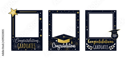Congratulations graduates 2020 frame set vector illustration. Colorful photo booth with festive stars and teaching attributes, bachelor caps and golden font inscription. End of school concept